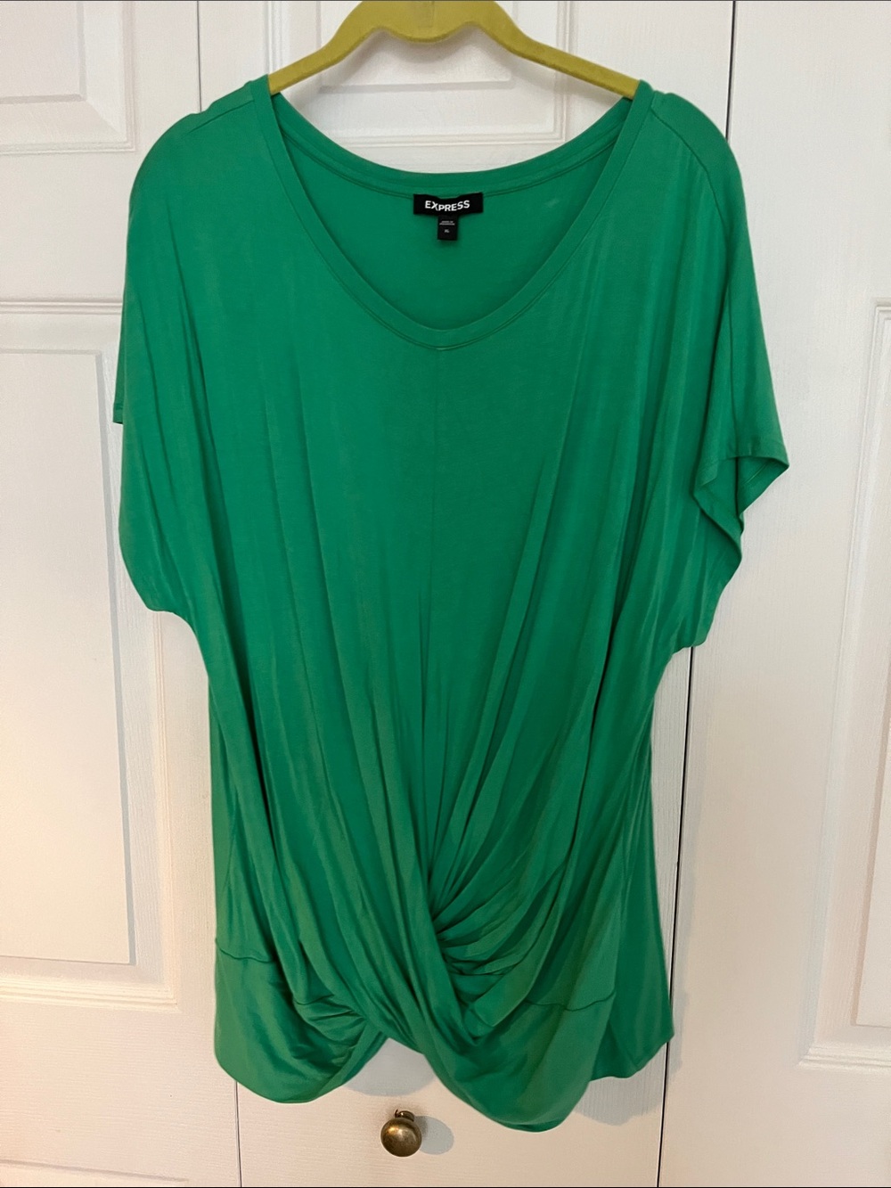 Express Women's Emerald Green Short-Sleeve Draped Knot Front Top